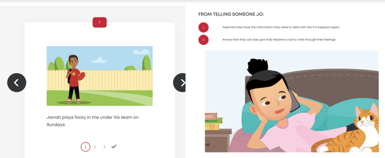 Two screenshots from the Stay Safe Online Tell Someone program. The left screenshot shows an illustration of a young boy standing outside and a caption which reads "Jarrah plays footy in the under 10s team on Sundays." The right screenshot shows an illustration of a child on the phone on the phone on their bed with an orange cat.