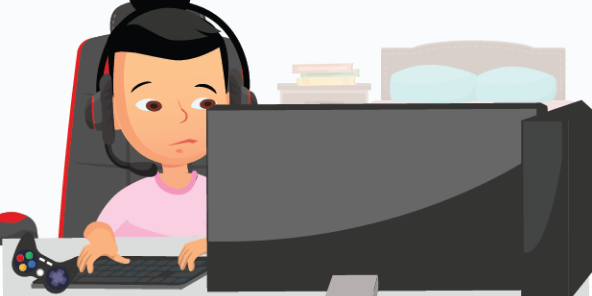A cartoon image of a child sitting at a computer.